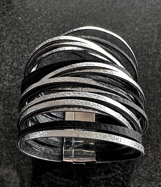 Black and Silver Leather Bracelet