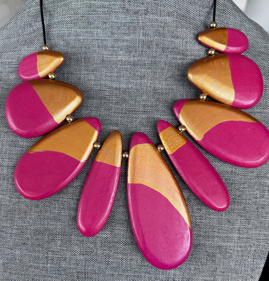 Pink and Gold Wood Necklace